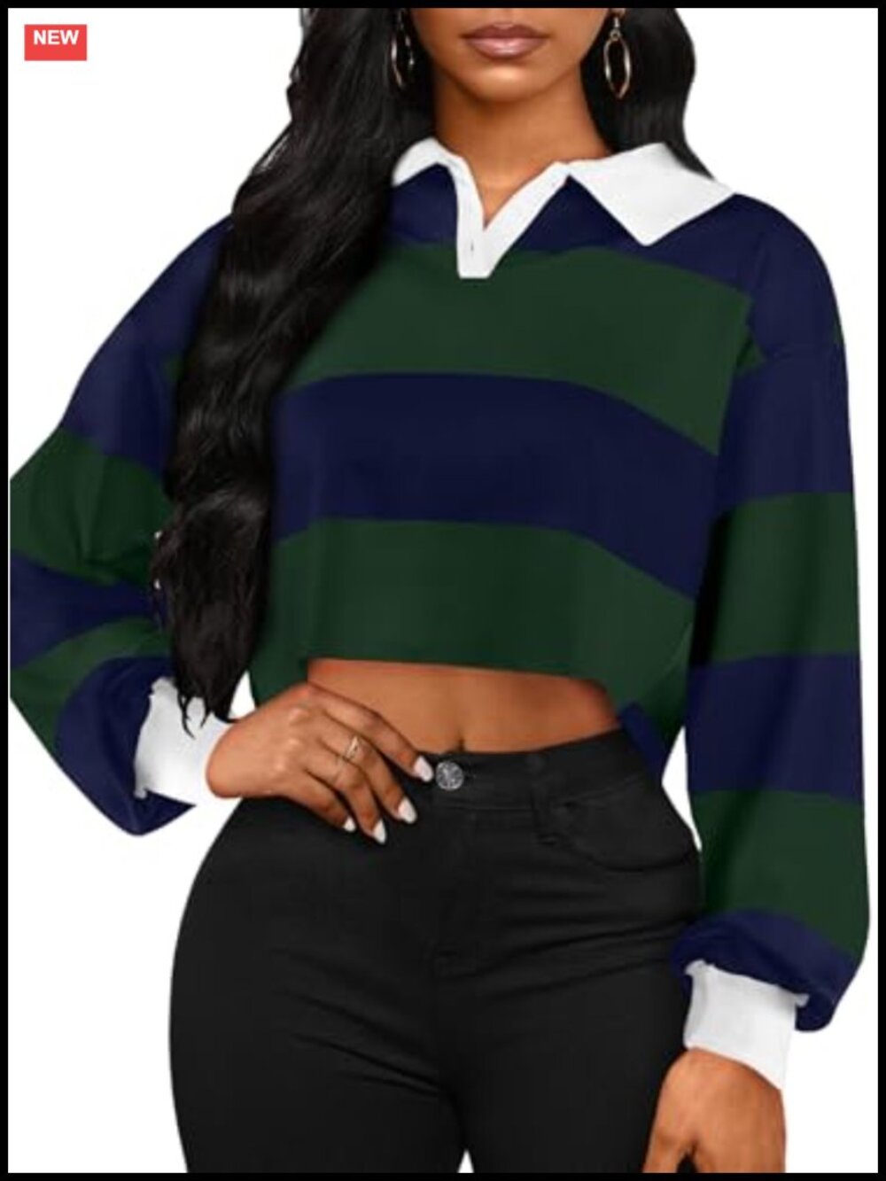 Striped Cropped Sweatshirt Polo Long Sleeve Pullover Tops